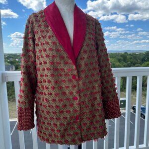 Upcycled chic Women's Blazer in Red and Gold - Size small